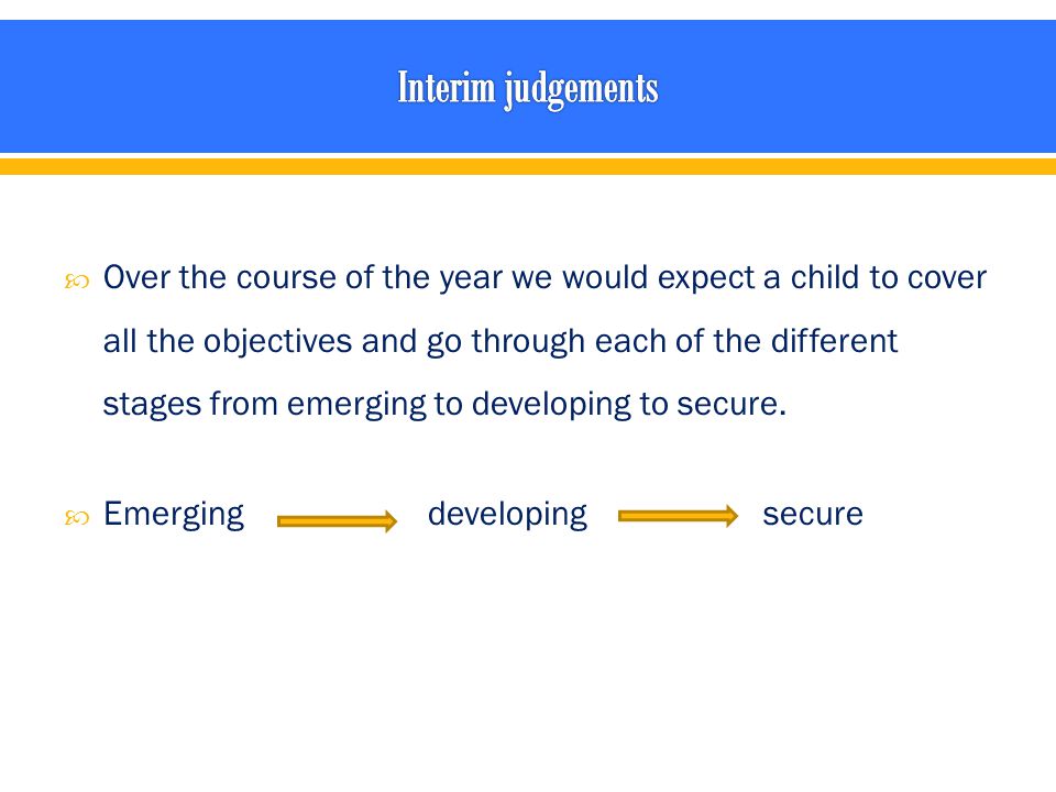  Over the course of the year we would expect a child to cover all the objectives and go through each of the different stages from emerging to developing to secure.
