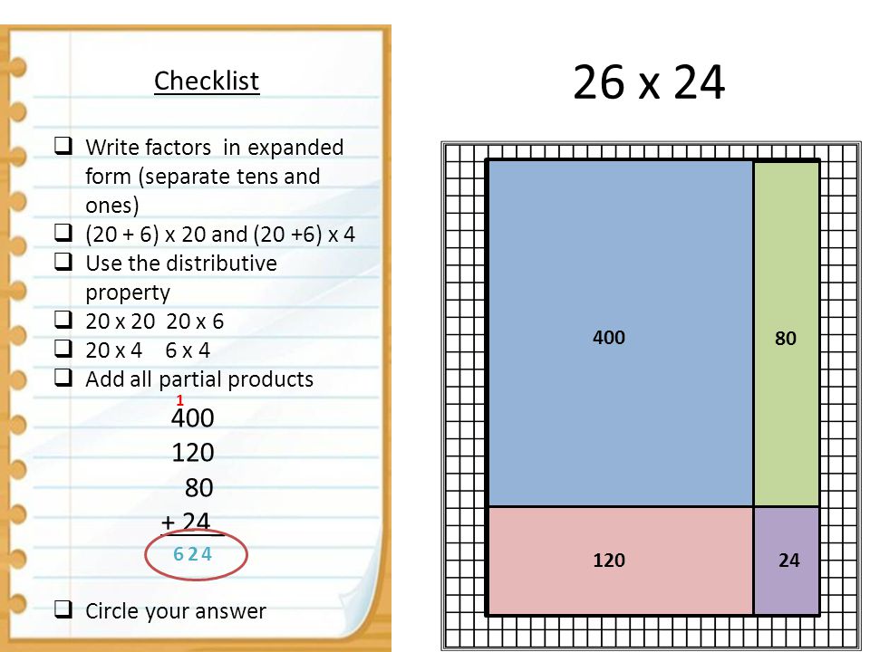 26 x 24 Checklist  Write factors in expanded form (separate tens and ones)  (20 + 6) x 20 and (20 +6) x 4  Use the distributive property  20 x x 6  20 x 4 6 x 4  Add all partial products  Circle your answer _