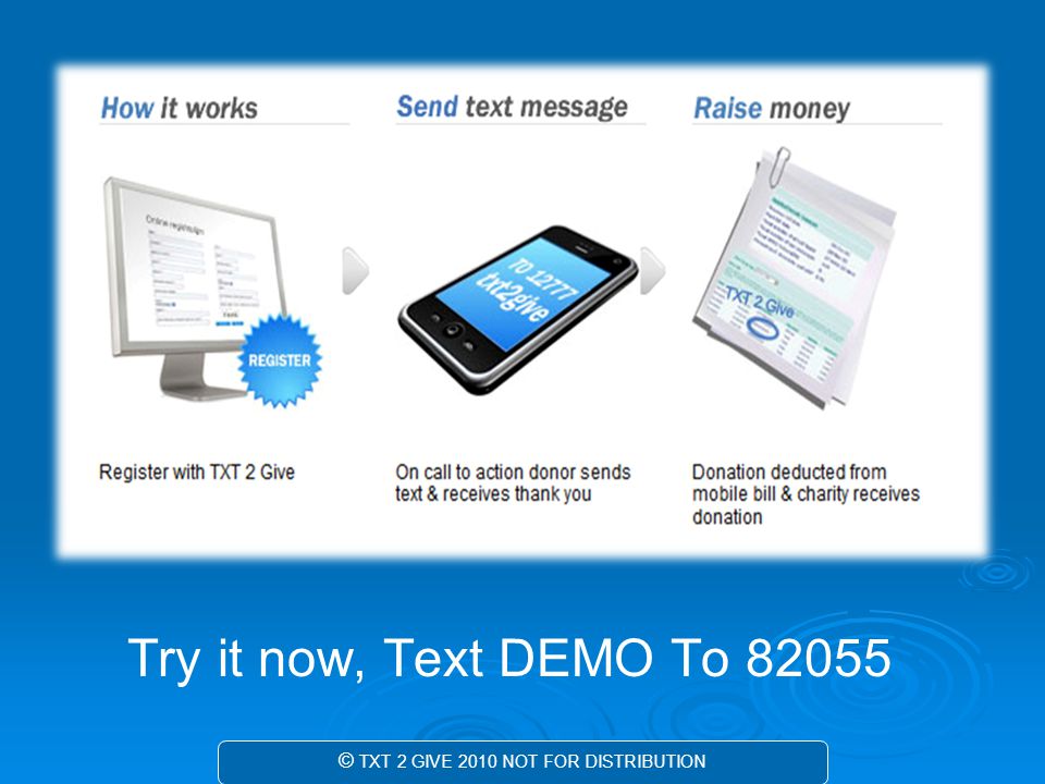 . Try it now, Text DEMO To © TXT 2 GIVE 2010 NOT FOR DISTRIBUTION