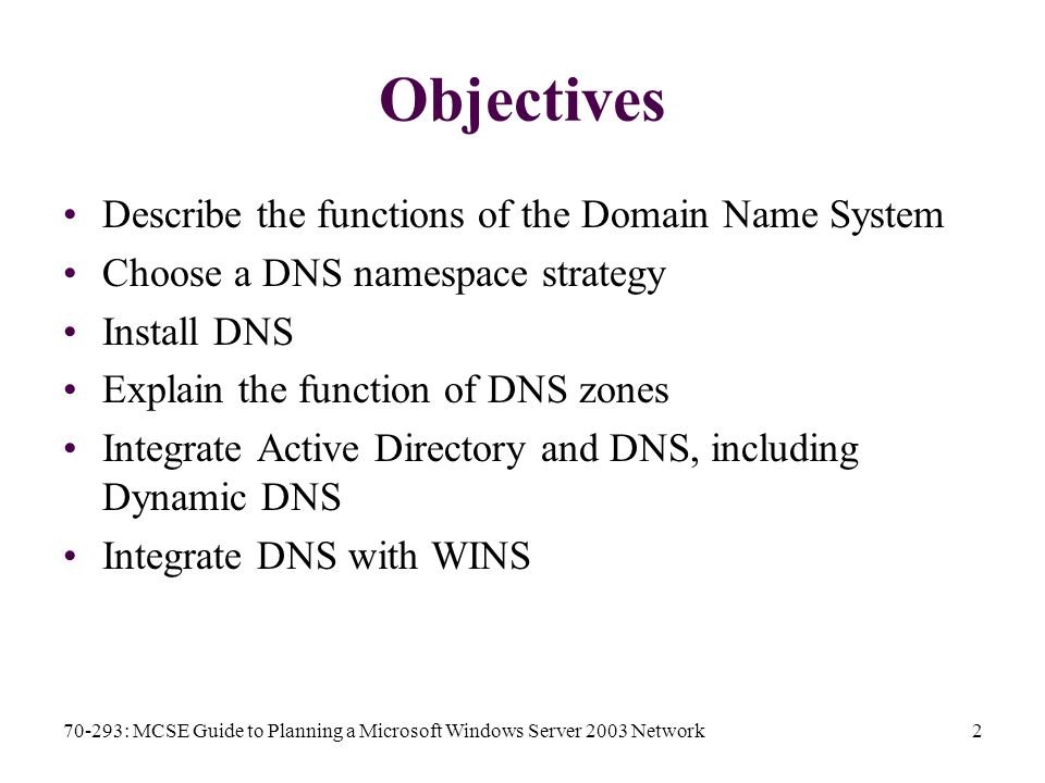 70-293: MCSE Guide to Planning a Microsoft Windows Server 2003 Network2 Objectives Describe the functions of the Domain Name System Choose a DNS namespace strategy Install DNS Explain the function of DNS zones Integrate Active Directory and DNS, including Dynamic DNS Integrate DNS with WINS