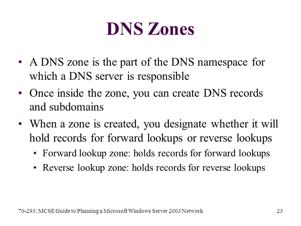 70-293: MCSE Guide to Planning a Microsoft Windows Server 2003 Network23 DNS Zones A DNS zone is the part of the DNS namespace for which a DNS server is responsible Once inside the zone, you can create DNS records and subdomains When a zone is created, you designate whether it will hold records for forward lookups or reverse lookups Forward lookup zone: holds records for forward lookups Reverse lookup zone: holds records for reverse lookups