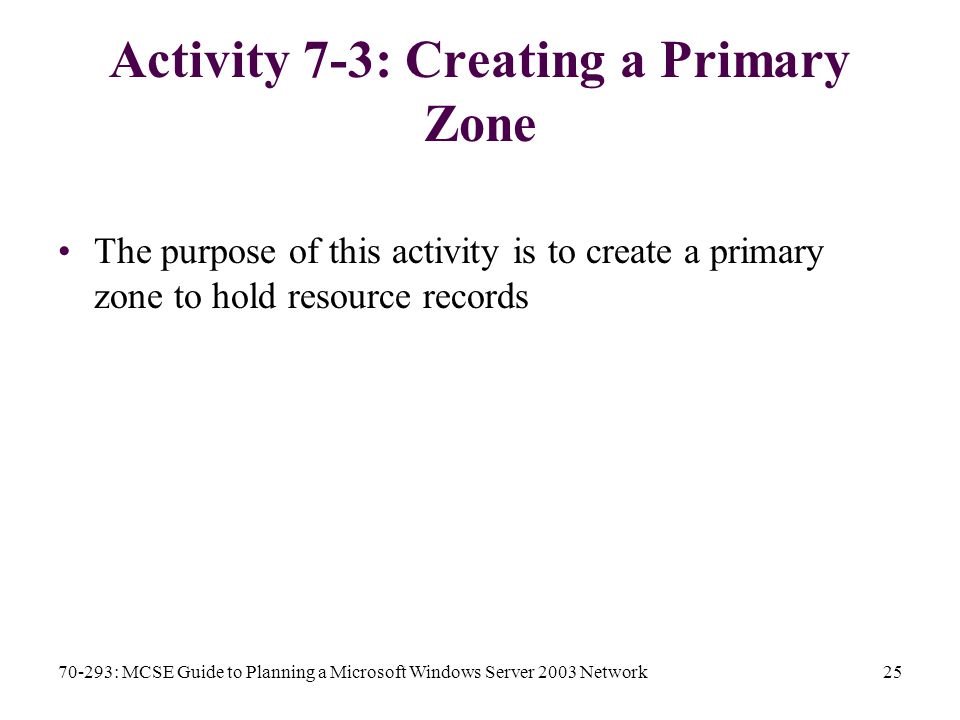 70-293: MCSE Guide to Planning a Microsoft Windows Server 2003 Network25 Activity 7-3: Creating a Primary Zone The purpose of this activity is to create a primary zone to hold resource records