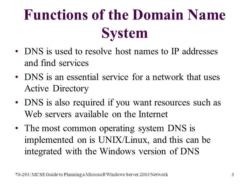 70-293: MCSE Guide to Planning a Microsoft Windows Server 2003 Network3 Functions of the Domain Name System DNS is used to resolve host names to IP addresses and find services DNS is an essential service for a network that uses Active Directory DNS is also required if you want resources such as Web servers available on the Internet The most common operating system DNS is implemented on is UNIX/Linux, and this can be integrated with the Windows version of DNS