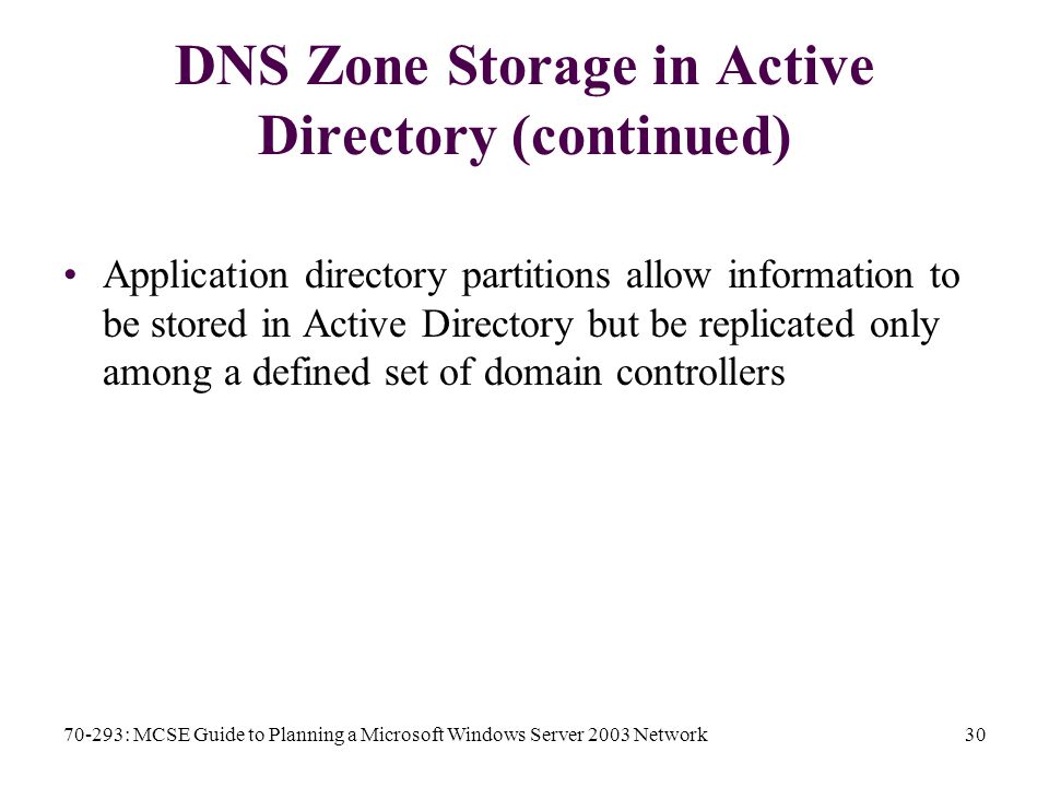 70-293: MCSE Guide to Planning a Microsoft Windows Server 2003 Network30 DNS Zone Storage in Active Directory (continued) Application directory partitions allow information to be stored in Active Directory but be replicated only among a defined set of domain controllers