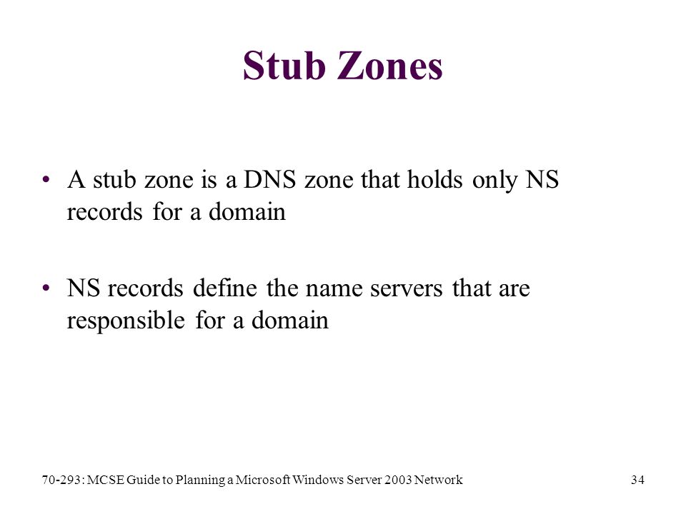 70-293: MCSE Guide to Planning a Microsoft Windows Server 2003 Network34 Stub Zones A stub zone is a DNS zone that holds only NS records for a domain NS records define the name servers that are responsible for a domain