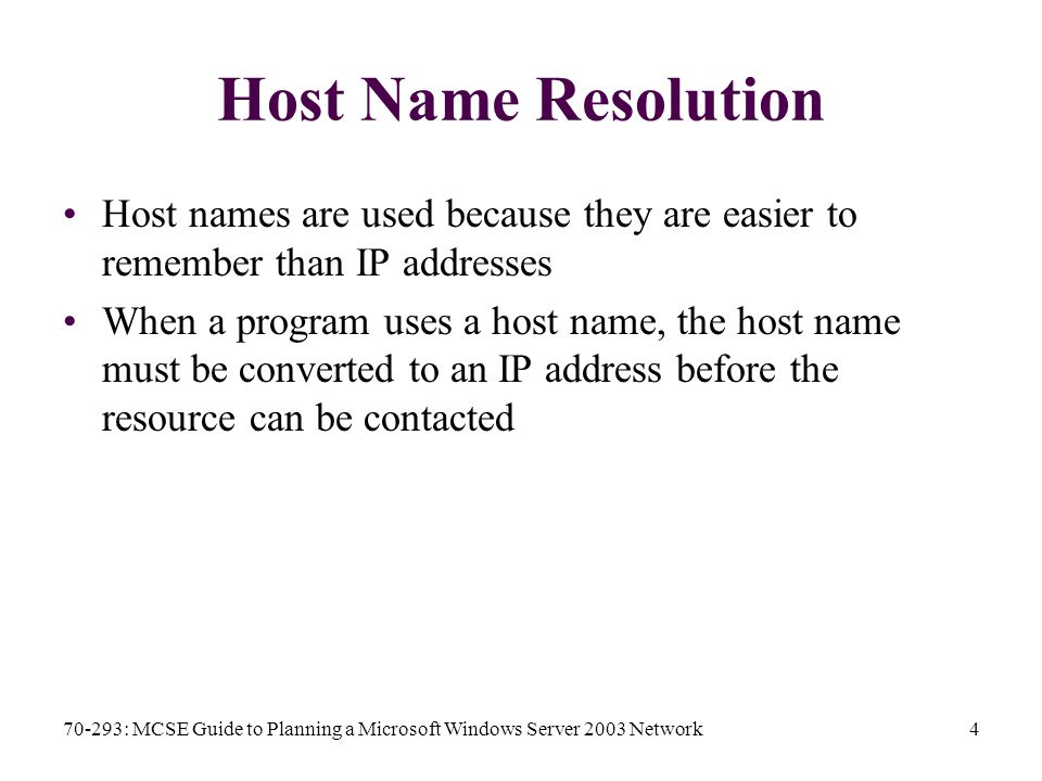70-293: MCSE Guide to Planning a Microsoft Windows Server 2003 Network4 Host Name Resolution Host names are used because they are easier to remember than IP addresses When a program uses a host name, the host name must be converted to an IP address before the resource can be contacted