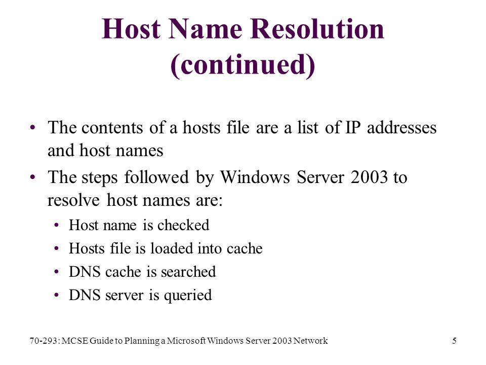 70-293: MCSE Guide to Planning a Microsoft Windows Server 2003 Network5 Host Name Resolution (continued) The contents of a hosts file are a list of IP addresses and host names The steps followed by Windows Server 2003 to resolve host names are: Host name is checked Hosts file is loaded into cache DNS cache is searched DNS server is queried