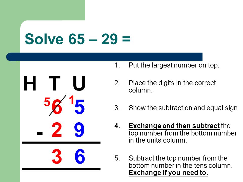 Solve 65 – 29 = H T U Put the largest number on top.