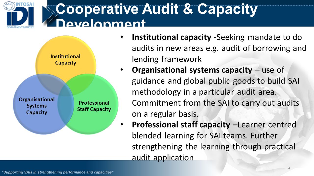 Cooperative Audit & Capacity Development Institutional Capacity Professional Staff Capacity Organisational Systems Capacity 4 Institutional capacity -Seeking mandate to do audits in new areas e.g.
