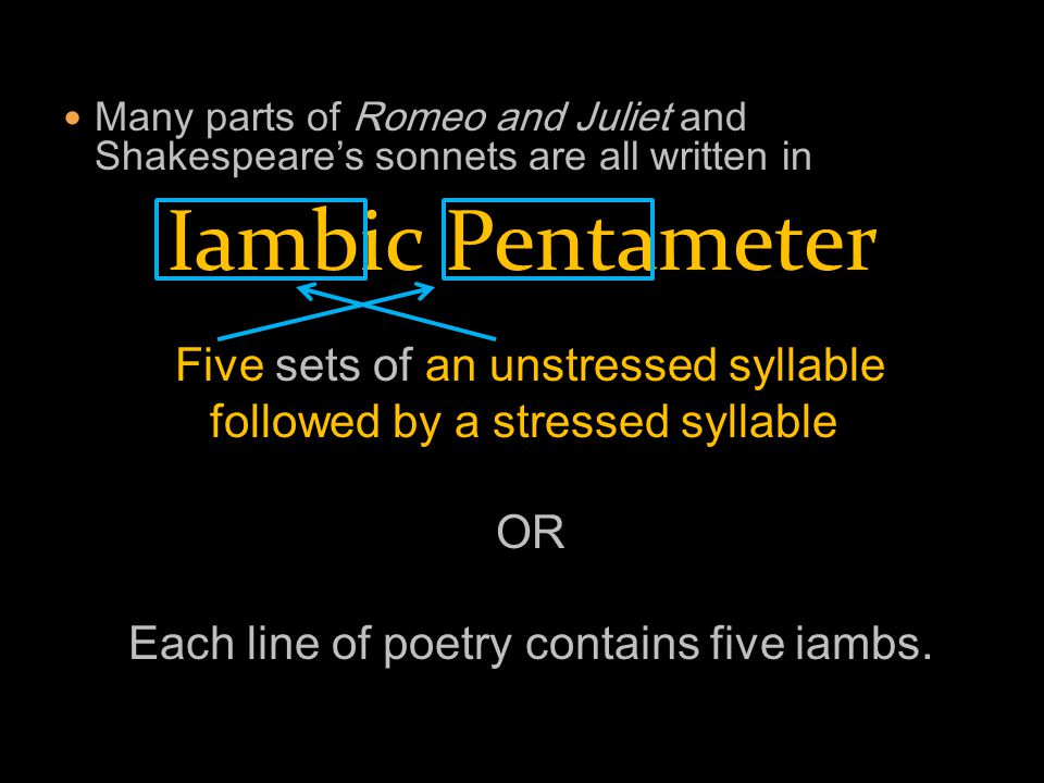 Many parts of Romeo and Juliet and Shakespeare’s sonnets are all written in Iambic Pentameter Five sets of an unstressed syllable followed by a stressed syllable.