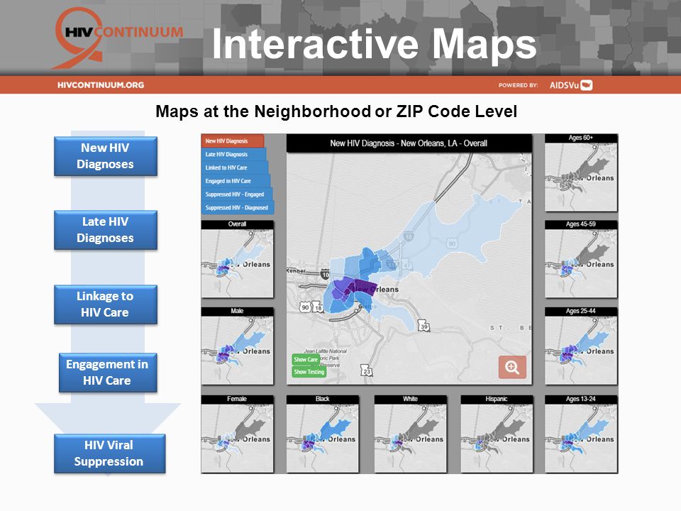 Interactive Maps New HIV Diagnoses Late HIV Diagnoses Linkage to HIV Care Linkage to HIV Care Engagement in HIV Care HIV Viral Suppression Maps at the Neighborhood or ZIP Code Level