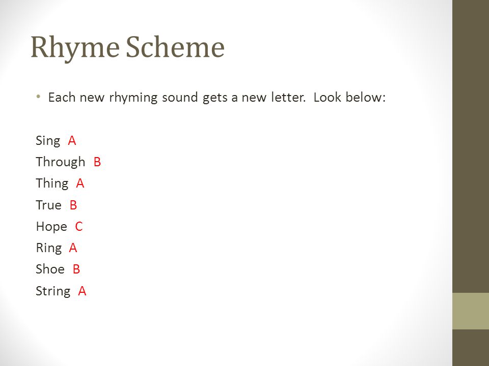 Rhyme Scheme Each new rhyming sound gets a new letter.