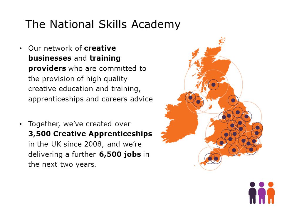 The National Skills Academy Our network of creative businesses and training providers who are committed to the provision of high quality creative education and training, apprenticeships and careers advice Together, we’ve created over 3,500 Creative Apprenticeships in the UK since 2008, and we’re delivering a further 6,500 jobs in the next two years.