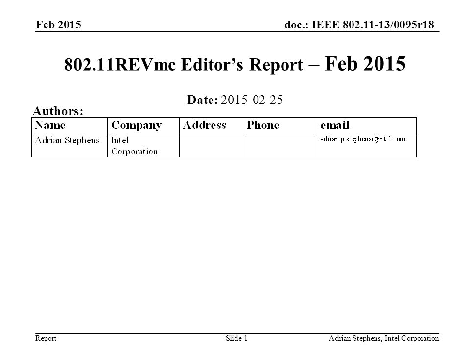 doc.: IEEE /0095r18 Report Feb 2015 Adrian Stephens, Intel CorporationSlide REVmc Editor’s Report – Feb 2015 Date: Authors: