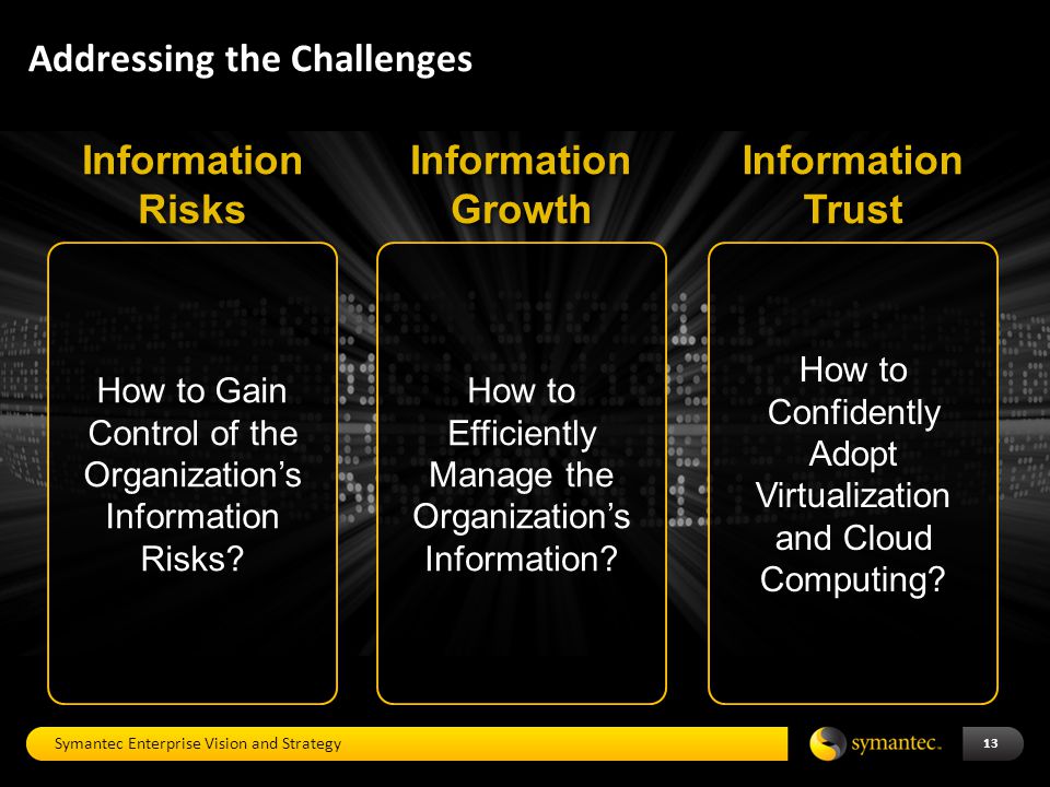 Addressing the Challenges 13InformationRisksInformationRisks How to Gain Control of the Organization’s Information Risks.