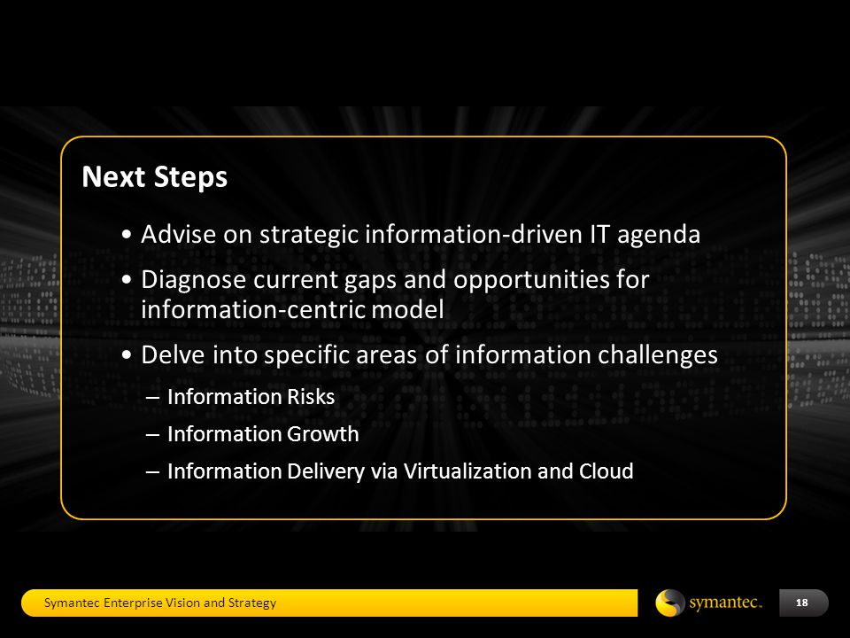 18 Advise on strategic information-driven IT agenda Diagnose current gaps and opportunities for information-centric model Delve into specific areas of information challenges – Information Risks – Information Growth – Information Delivery via Virtualization and Cloud Next Steps Symantec Enterprise Vision and Strategy