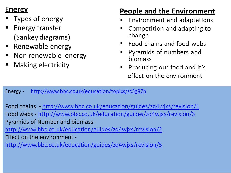 Energy  Types of energy  Energy transfer (Sankey diagrams)  Renewable energy  Non renewable energy  Making electricity People and the Environment  Environment and adaptations  Competition and adapting to change  Food chains and food webs  Pyramids of numbers and biomass  Producing our food and it’s effect on the environment Energy -   Food chains -   Food webs -   Pyramids of Number and biomass Effect on the environment -