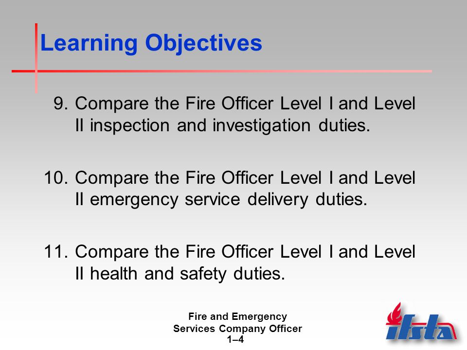 Fire and Emergency Services Company Officer 1–41–4 Learning Objectives 9.Compare the Fire Officer Level I and Level II inspection and investigation duties.