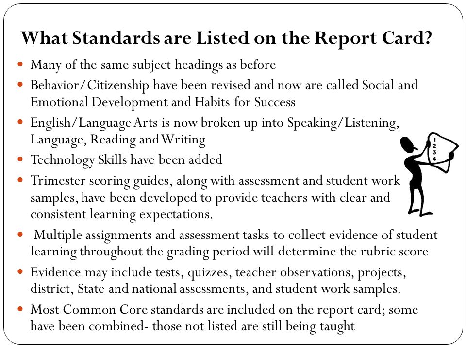 Many of the same subject headings as before Behavior/Citizenship have been revised and now are called Social and Emotional Development and Habits for Success English/Language Arts is now broken up into Speaking/Listening, Language, Reading and Writing Technology Skills have been added Trimester scoring guides, along with assessment and student work samples, have been developed to provide teachers with clear and consistent learning expectations.