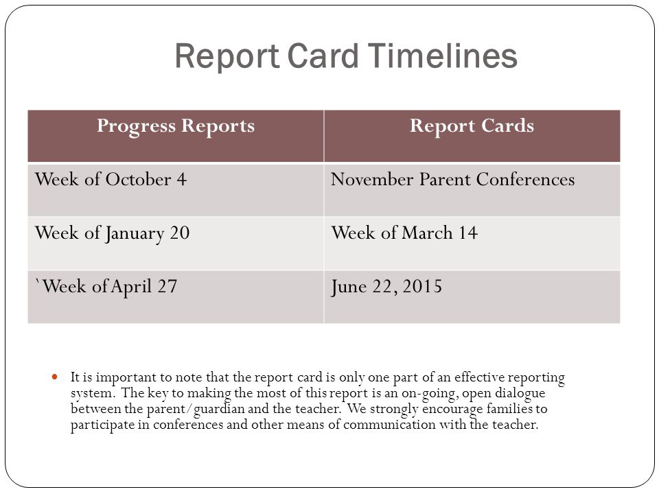 Report Card Timelines It is important to note that the report card is only one part of an effective reporting system.