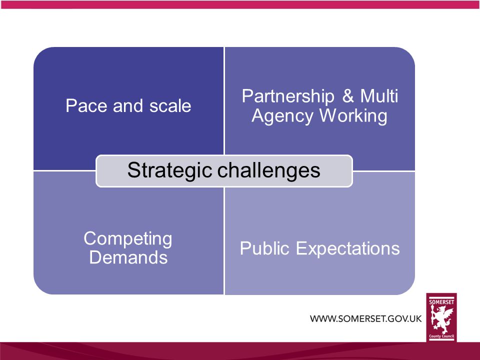Pace and scale Partnership & Multi Agency Working Competing Demands Public Expectations Strategic challenges