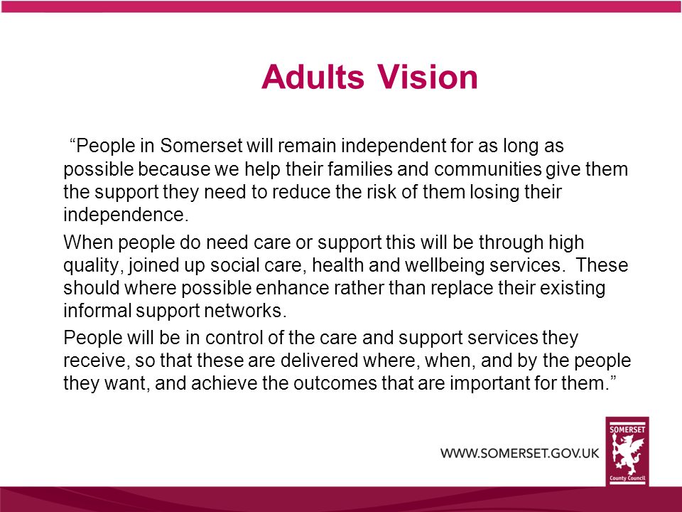 Adults Vision People in Somerset will remain independent for as long as possible because we help their families and communities give them the support they need to reduce the risk of them losing their independence.