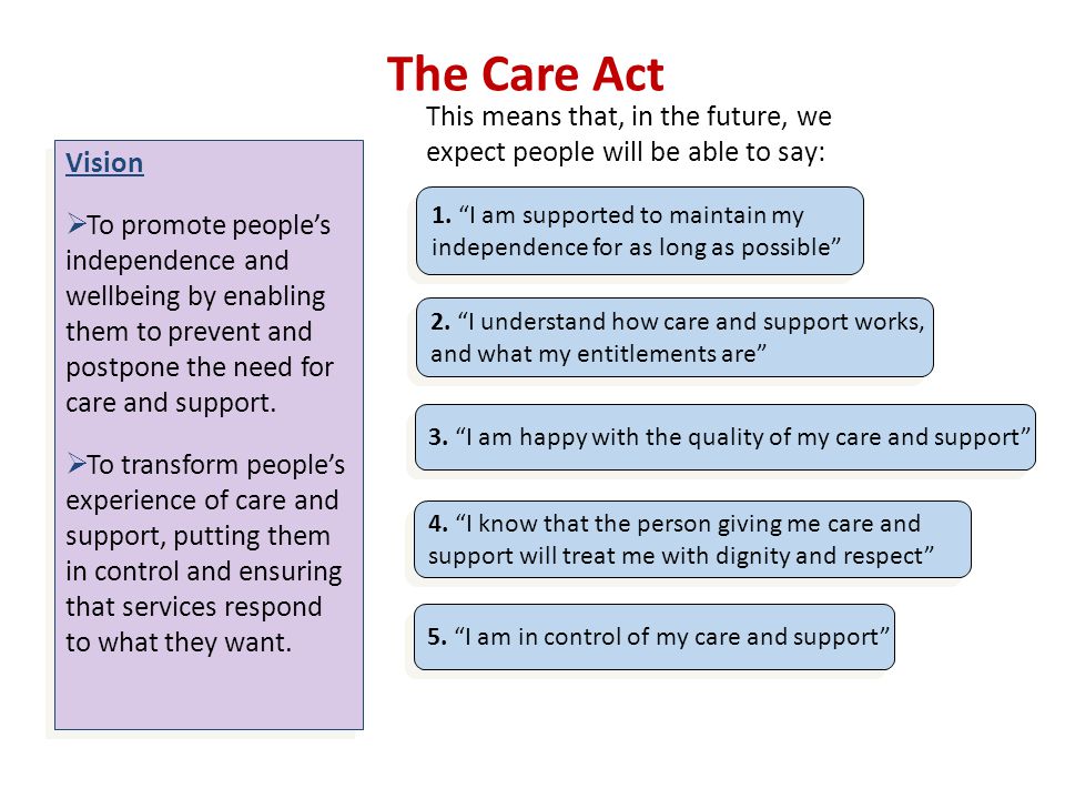 The Care Act Vision  To promote people’s independence and wellbeing by enabling them to prevent and postpone the need for care and support.
