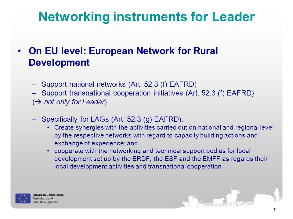 7 Networking instruments for Leader On EU level: European Network for Rural Development –Support national networks (Art.