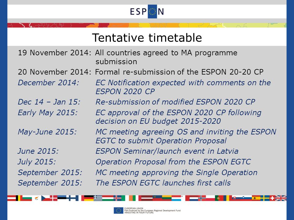 19 November 2014: All countries agreed to MA programme submission 20 November 2014: Formal re-submission of the ESPON CP December 2014: EC Notification expected with comments on the ESPON 2020 CP Dec 14 – Jan 15: Re-submission of modified ESPON 2020 CP Early May 2015: EC approval of the ESPON 2020 CP following decision on EU budget May-June 2015: MC meeting agreeing OS and inviting the ESPON EGTC to submit Operation Proposal June 2015:ESPON Seminar/launch event in Latvia July 2015: Operation Proposal from the ESPON EGTC September 2015: MC meeting approving the Single Operation September 2015: The ESPON EGTC launches first calls Tentative timetable