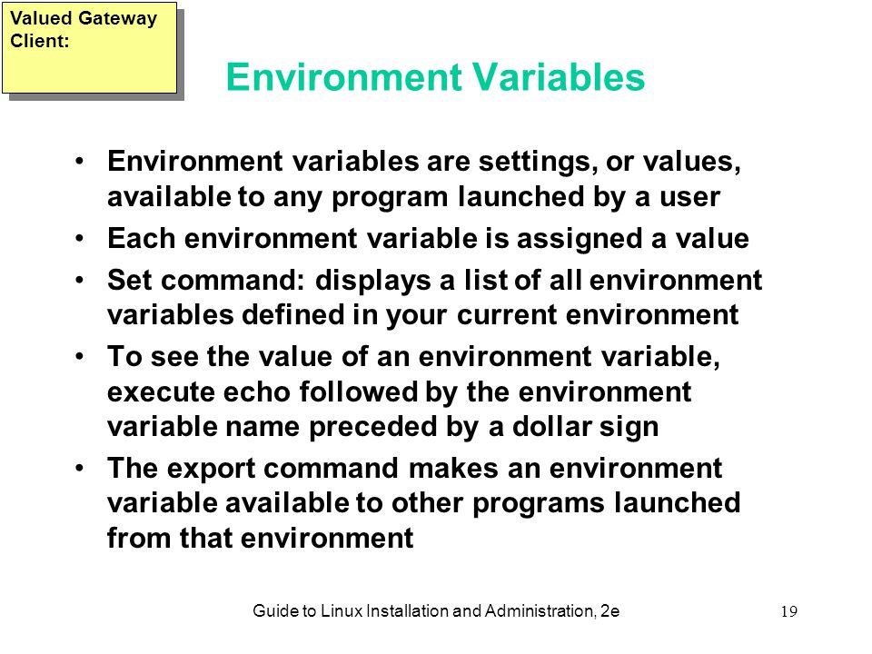 Guide to Linux Installation and Administration, 2e19 Environment Variables Environment variables are settings, or values, available to any program launched by a user Each environment variable is assigned a value Set command: displays a list of all environment variables defined in your current environment To see the value of an environment variable, execute echo followed by the environment variable name preceded by a dollar sign The export command makes an environment variable available to other programs launched from that environment Valued Gateway Client: