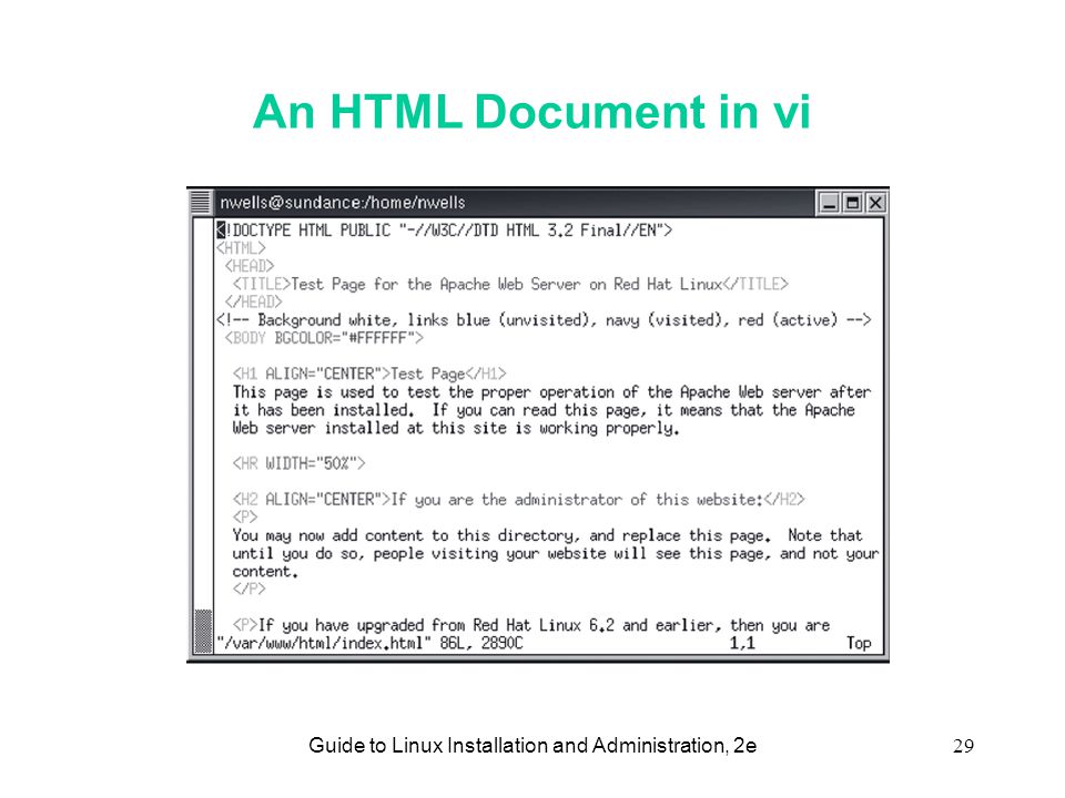 Guide to Linux Installation and Administration, 2e29 An HTML Document in vi