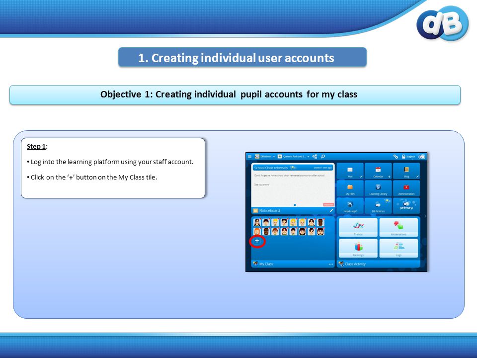 Objective 1: Creating individual pupil accounts for my class Step 1: Log into the learning platform using your staff account.