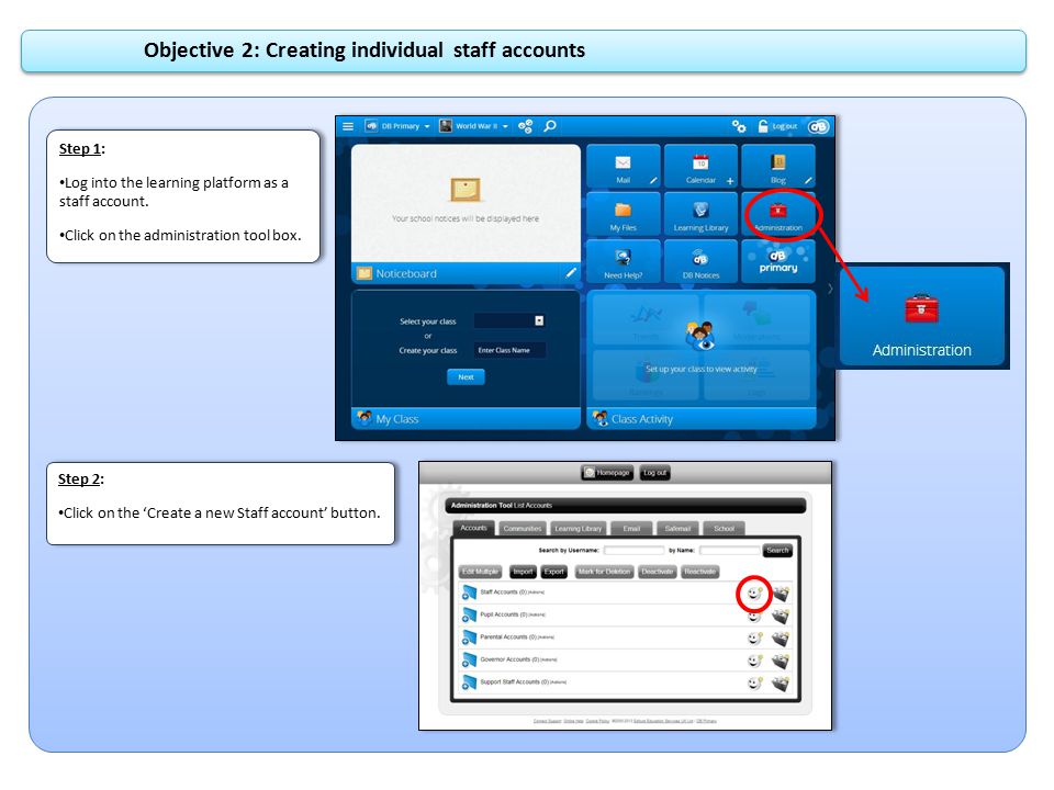 Objective 2: Creating individual staff accounts Step 1: Log into the learning platform as a staff account.