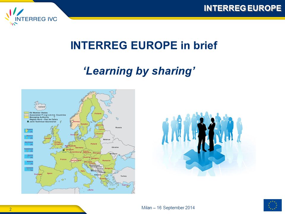 2 Milan – 16 September 2014 ‘Learning by sharing’ INTERREG EUROPE in brief INTERREG EUROPE