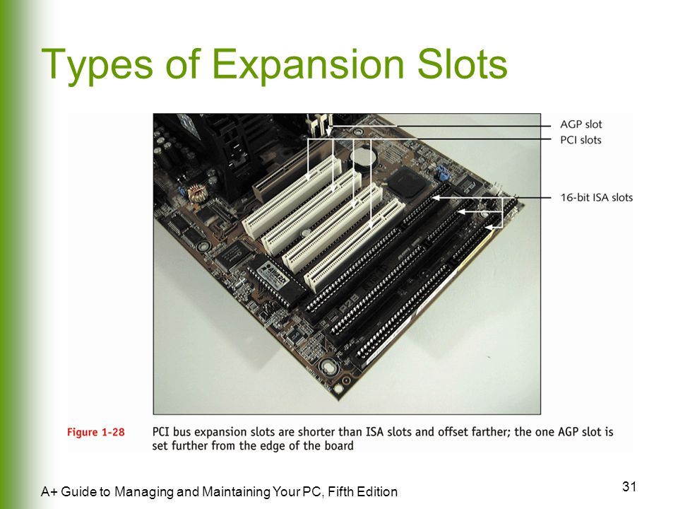 31 A+ Guide to Managing and Maintaining Your PC, Fifth Edition Types of Expansion Slots