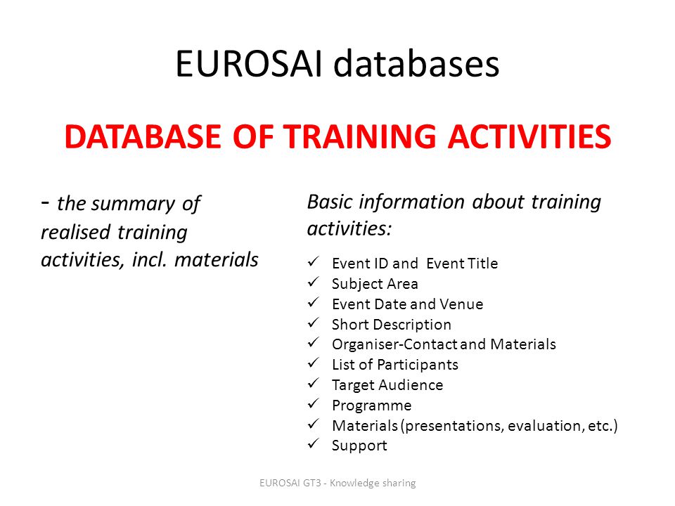 EUROSAI databases - the summary of realised training activities, incl.