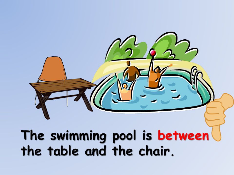 The swimming pool is between the table and the chair.