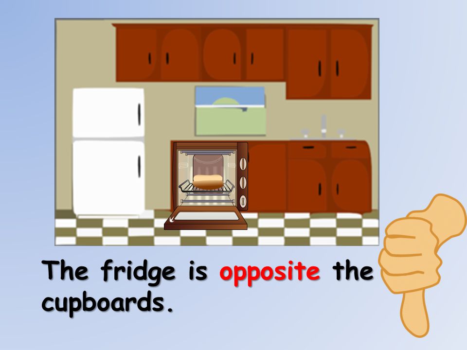 The fridge is opposite the cupboards.