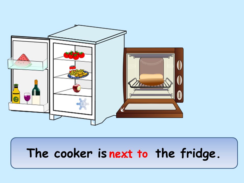 The cooker is ……. the fridge. next to