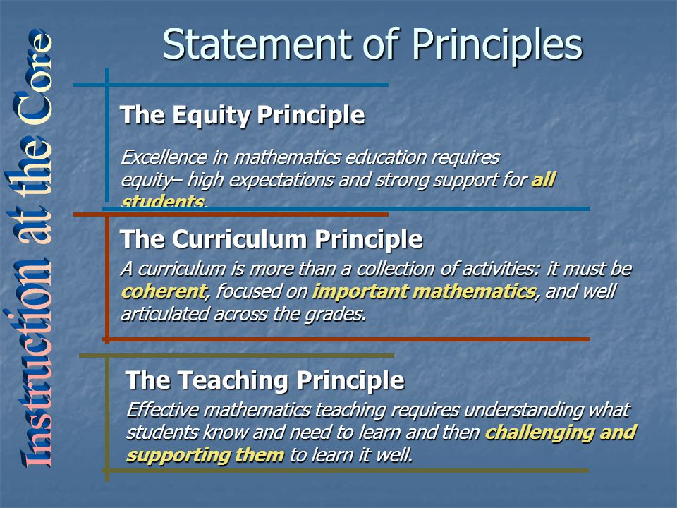 Statement of Principles The Equity Principle Excellence in mathematics education requires equity– high expectations and strong support for all students.