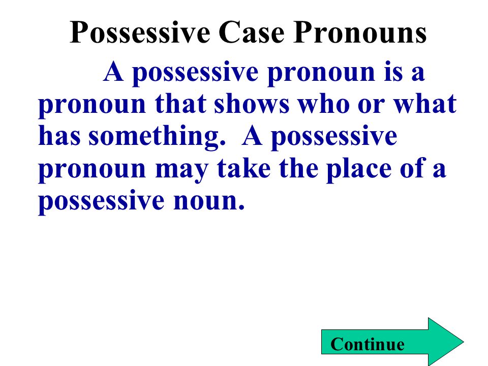Possessive Case Pronouns A possessive pronoun is a pronoun that shows who or what has something.