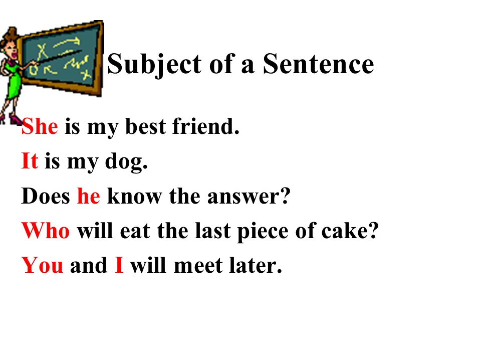 Subject of a Sentence She is my best friend. It is my dog.