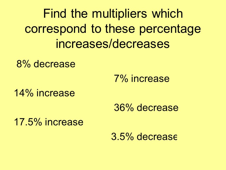 Find the multipliers which correspond to these percentage increases/decreases 8% decrease % increase % increase % decrease % increase % decrease 0.965