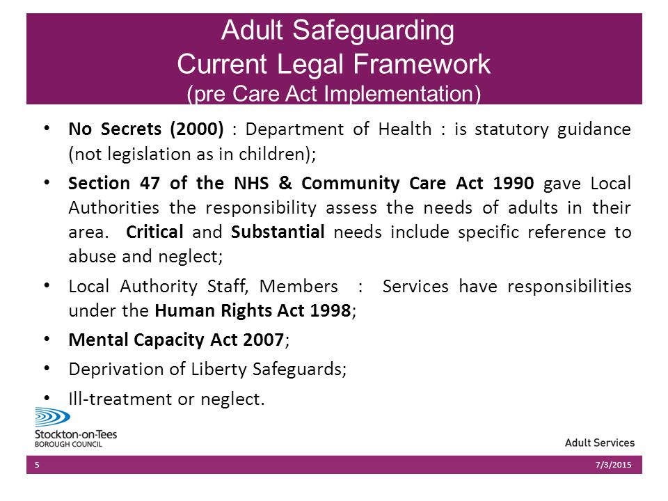 03/07/2015Presentation name503/07/2015Presentation name5 No Secrets (2000) : Department of Health : is statutory guidance (not legislation as in children); Section 47 of the NHS & Community Care Act 1990 gave Local Authorities the responsibility assess the needs of adults in their area.