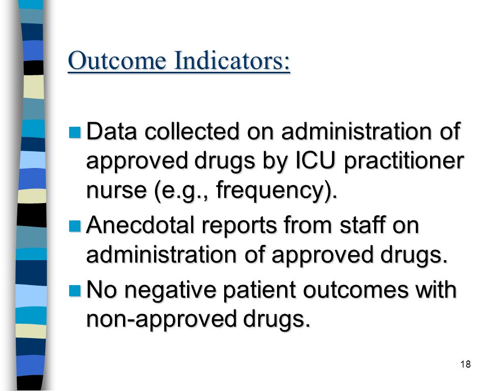 18 Outcome Indicators: Data collected on administration of approved drugs by ICU practitioner nurse (e.g., frequency).