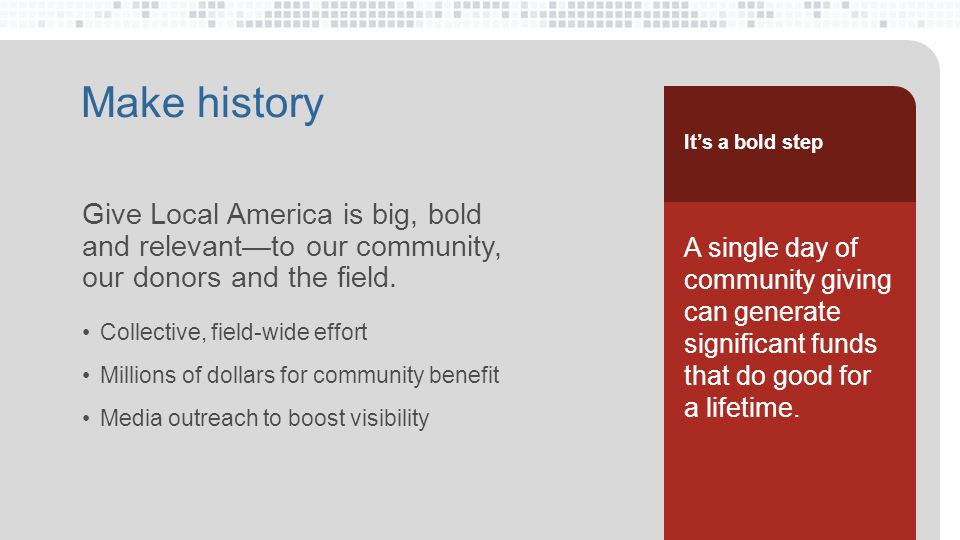 Give Local America is big, bold and relevant—to our community, our donors and the field.