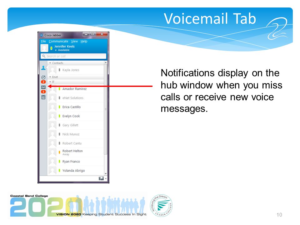 Voic Tab 10 Notifications display on the hub window when you miss calls or receive new voice messages.