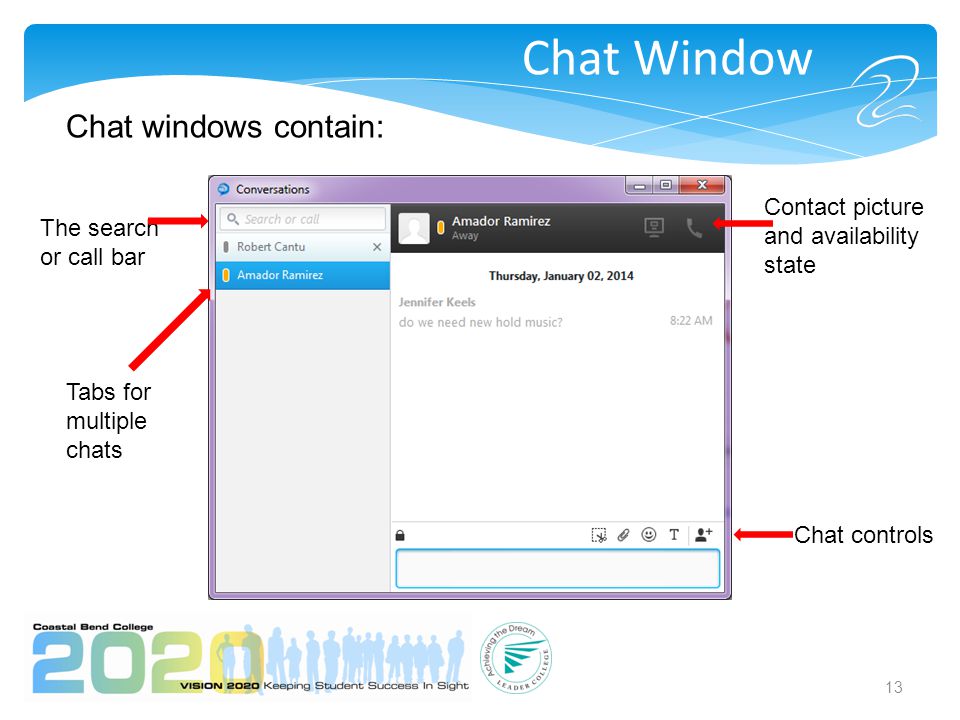 13 Chat Window Chat windows contain: The search or call bar Tabs for multiple chats Contact picture and availability state Chat controls