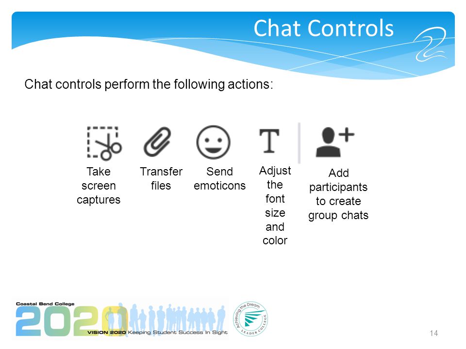 14 Chat Controls Chat controls perform the following actions: Take screen captures Transfer files Send emoticons Adjust the font size and color Add participants to create group chats