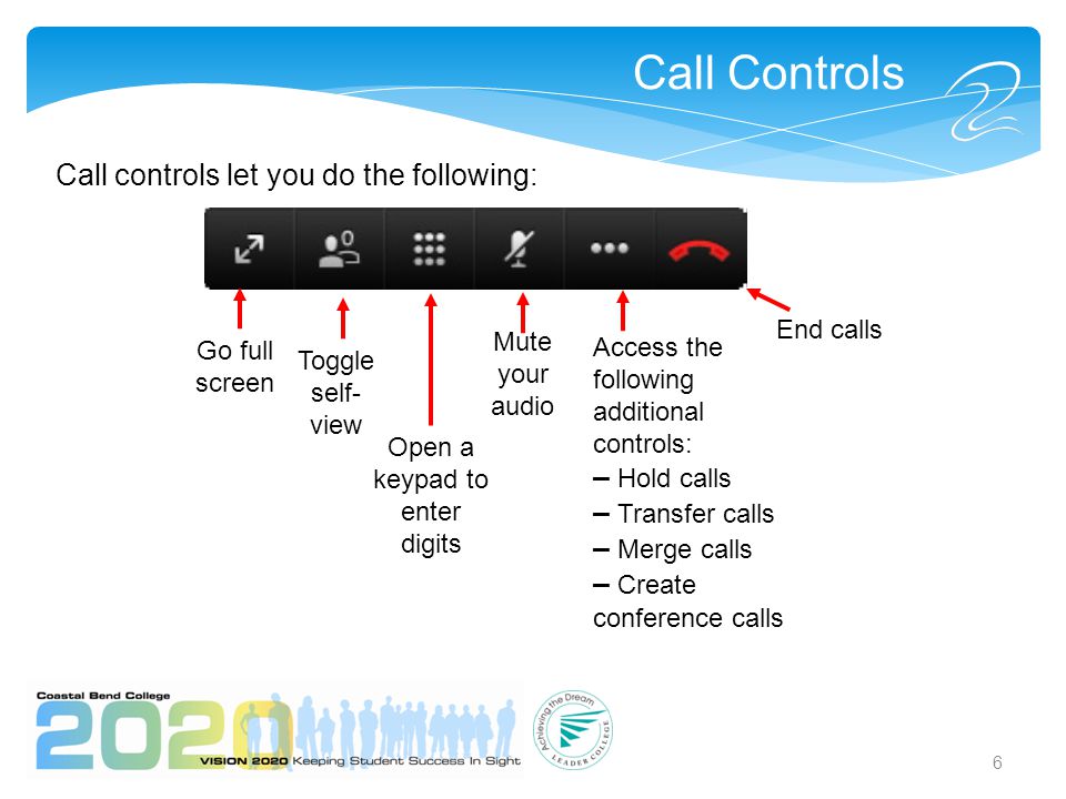 6 Call Controls Access the following additional controls: – Hold calls – Transfer calls – Merge calls – Create conference calls Call controls let you do the following: Go full screen Toggle self- view Open a keypad to enter digits Mute your audio End calls